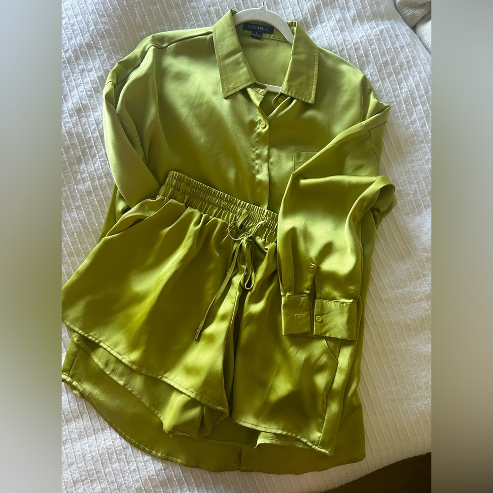 Olive Green Satin Two-Piece Set - Button Shirt & Drawstring Shorts